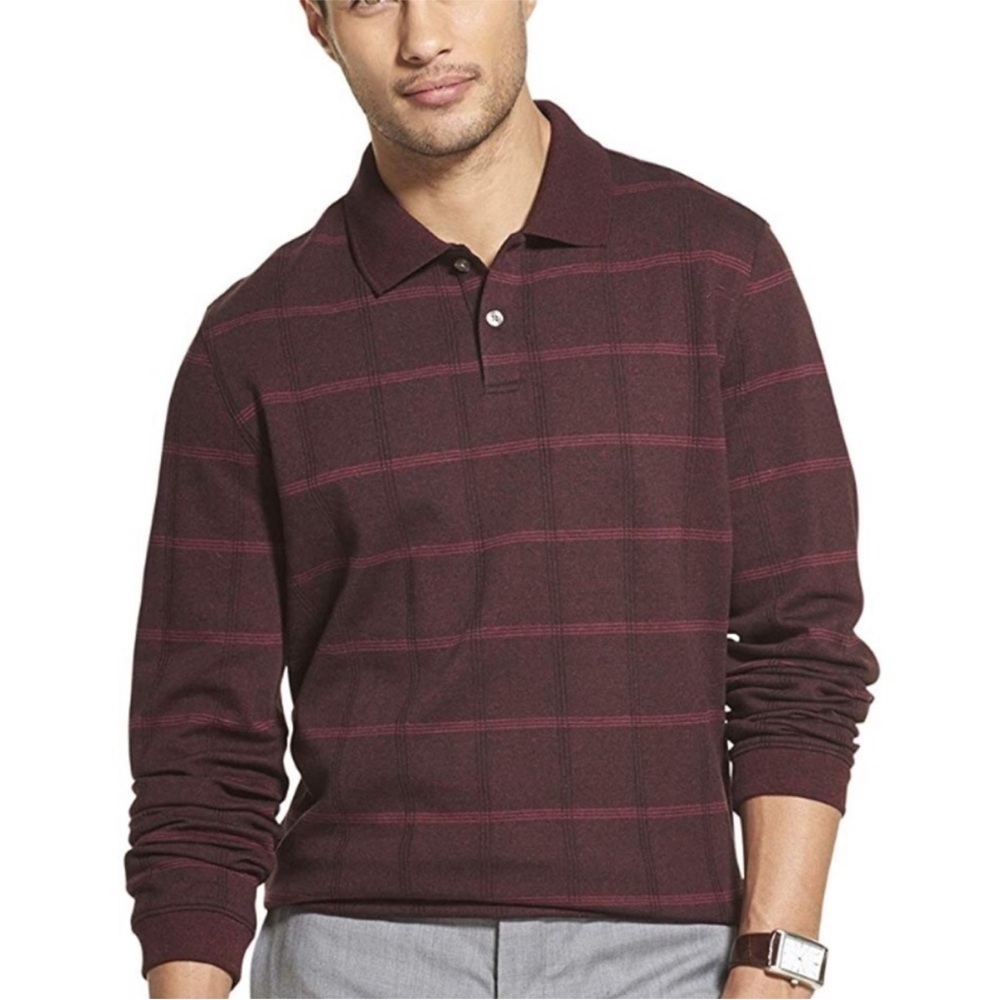 Van Heusen Men's Long-Sleeve Polo in Burgundy with Pink Windowpane